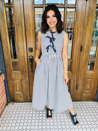 Bring Me Joy Striped Front Bow Midi Dress • Navy-She+Sky-Shop Anchored Bliss Women's Boutique Clothing Store