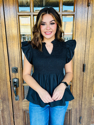 Under the Stars Smocked Peplum Top • Black-Entro-Shop Anchored Bliss Women's Boutique Clothing Store