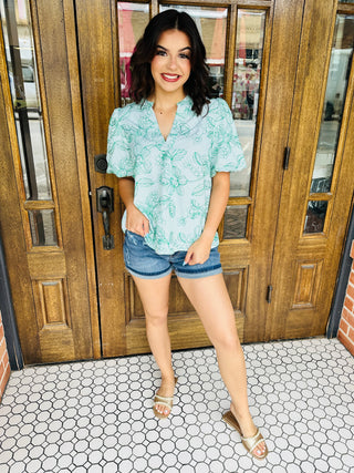 Happiest Here Embroidered Puff Sleeve Top • Green-Umgee-Shop Anchored Bliss Women's Boutique Clothing Store