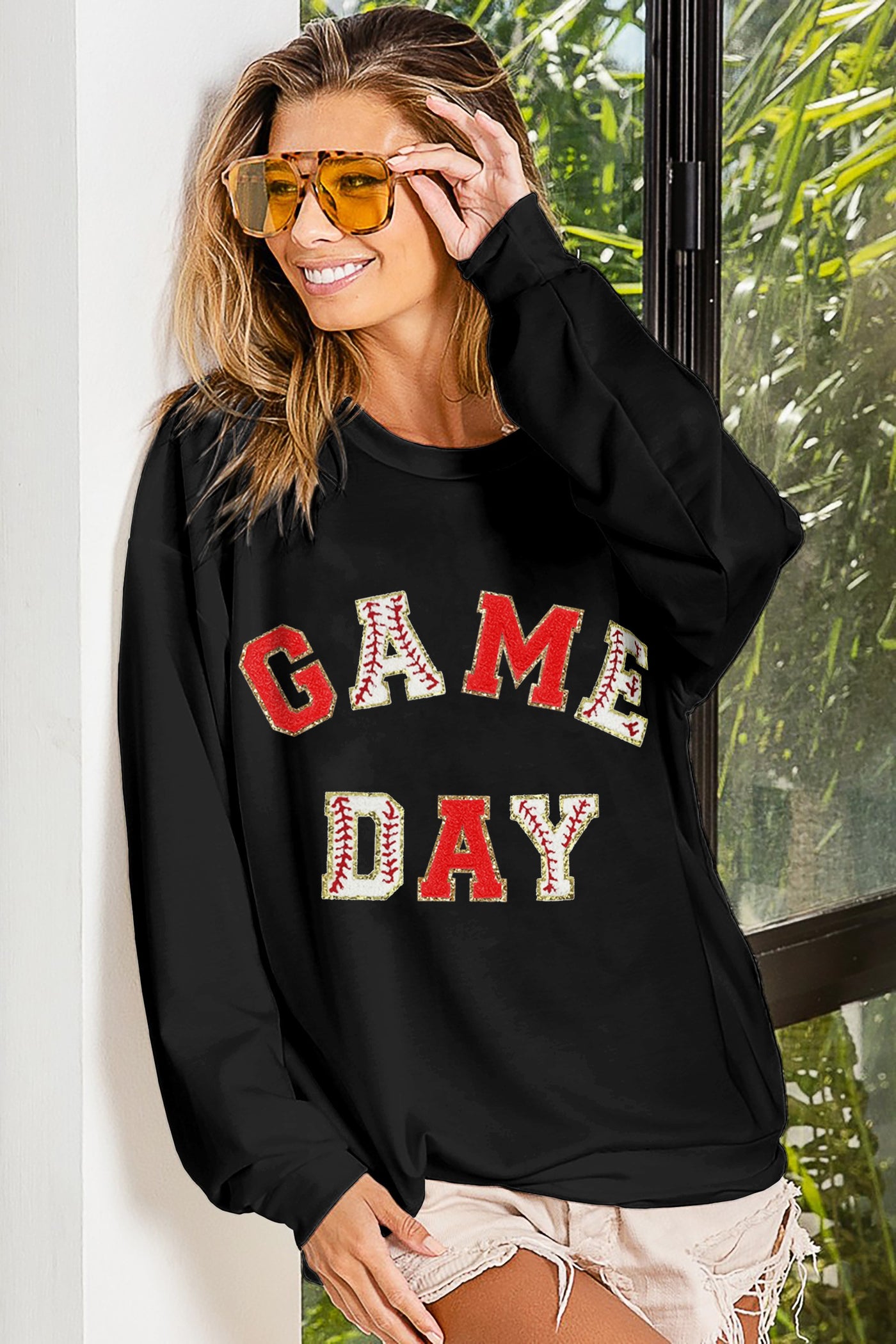 Game Day Baseball Chenille Patch Top • Black-Bibi-Shop Anchored Bliss Women's Boutique Clothing Store