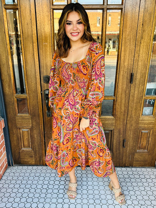 Wishful Thinking Paisley Smocked Midi Dress • Camel-Oddi-Shop Anchored Bliss Women's Boutique Clothing Store