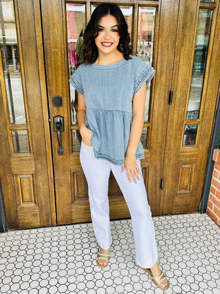 Find Your Way Braided Sleeve Denim Top-She+Sky-Shop Anchored Bliss Women's Boutique Clothing Store