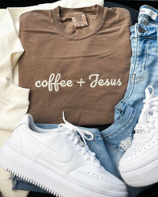 Pre-Order Coffee & Jesus Embroirdered Graphic Tee-D&E-Shop Anchored Bliss Women's Boutique Clothing Store