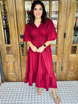 Can't Live Without You Bubble Sleeve Midi Dress • Wine-She+Sky-Shop Anchored Bliss Women's Boutique Clothing Store