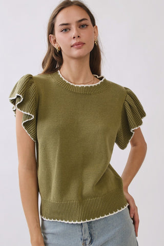 Little Things Flutter Sleeve Knit Top • Olive Green-Oddi-Shop Anchored Bliss Women's Boutique Clothing Store