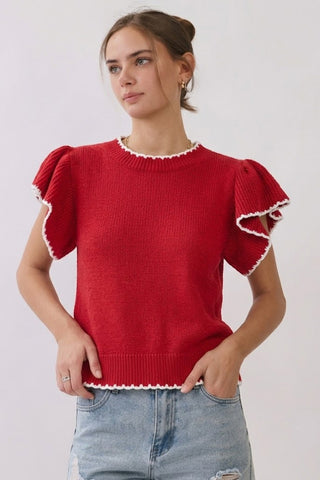 Little Things Flutter Sleeve Knit Top • Red-Oddi-Shop Anchored Bliss Women's Boutique Clothing Store