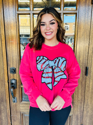 Tree Cake Bow Sequin Patch Pocket Sweatshirt Red-Harps & Oli-Shop Anchored Bliss Women's Boutique Clothing Store