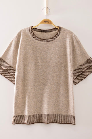 Simply Me Contrast Rib Knit Top • Mocha-Very J-Shop Anchored Bliss Women's Boutique Clothing Store