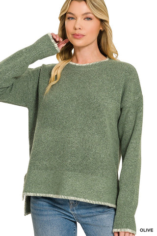 Made For This Contrast Stitch Sweater • Olive Green