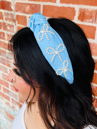 Bows and Pearls Headband • Blue-Stacey Kluttz-Shop Anchored Bliss Women's Boutique Clothing Store