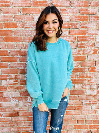 Coziest By Your Side Acid Washed Pullover • Turquoise-Zenana-Shop Anchored Bliss Women's Boutique Clothing Store