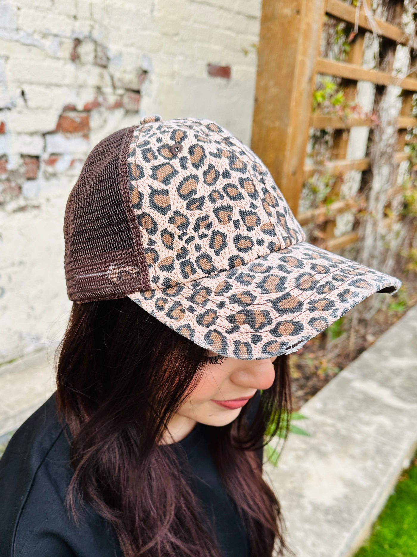 Pink Leopard Pony Tail Hat • Brown Mesh-DMC-Shop Anchored Bliss Women's Boutique Clothing Store