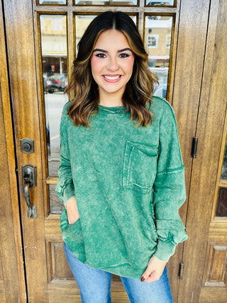Always On Your Side Acid Washed Pullover • Dark Green-Zenana-Shop Anchored Bliss Women's Boutique Clothing Store