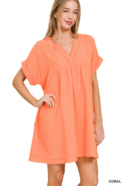 Looking Fly Gauze V Neck Dress • Coral Orange-Zenana-Shop Anchored Bliss Women's Boutique Clothing Store