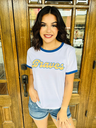 Braves Retro Ringer Graphic Tee-Harps & Oli-Shop Anchored Bliss Women's Boutique Clothing Store