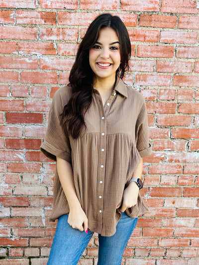 Distracted By You Button Down Babydoll Top • Mocha-Andree by Unit-Shop Anchored Bliss Women's Boutique Clothing Store