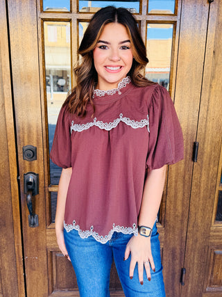 Feeling Free Puff Sleeve Top • Espresso-Stacey Kluttz-Shop Anchored Bliss Women's Boutique Clothing Store