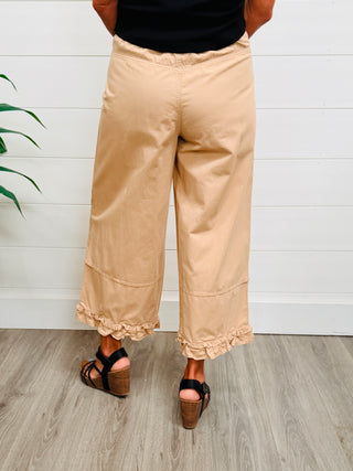 Never Have I Ever Wide Legged Ruffle Hem Pants • Khaki-Easel-Shop Anchored Bliss Women's Boutique Clothing Store