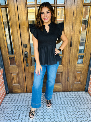 Under the Stars Smocked Peplum Top • Black-Entro-Shop Anchored Bliss Women's Boutique Clothing Store