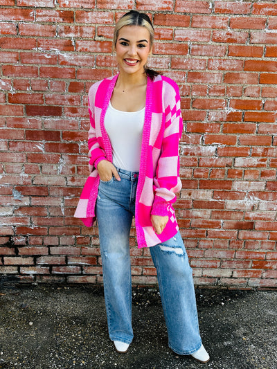 All the Good Times Checkered Cardigan • Pink-Thomas and Co-Shop Anchored Bliss Women's Boutique Clothing Store