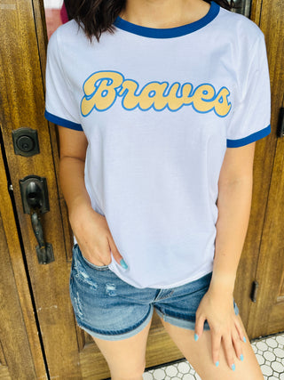 Braves Retro Ringer Graphic Tee-Harps & Oli-Shop Anchored Bliss Women's Boutique Clothing Store