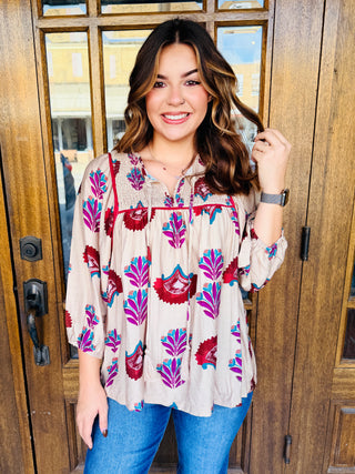 A Thoughtful Touch Boho Tunic Top • Latte Mix-Umgee-Shop Anchored Bliss Women's Boutique Clothing Store