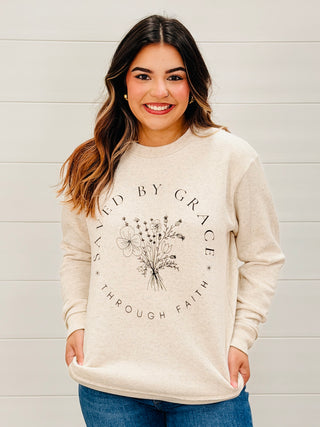 Saved by Grace Through Faith Sweatshirt • Oatmeal-Harps & Oli-Shop Anchored Bliss Women's Boutique Clothing Store