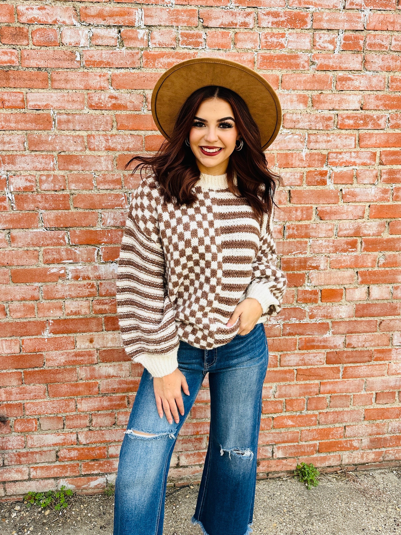 Just Between Us Striped and Checkered Sweater • Mocha-Blu Pepper-Shop Anchored Bliss Women's Boutique Clothing Store