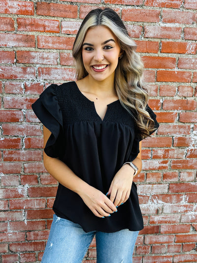 Just as Planned Shirred Bodice Ruffle Sleeve Top • Black-Bibi-Shop Anchored Bliss Women's Boutique Clothing Store