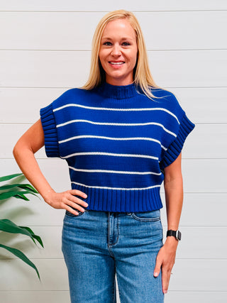 Coastal Breeze Striped Mock Neck Sweater • Blue-Zenana-Shop Anchored Bliss Women's Boutique Clothing Store
