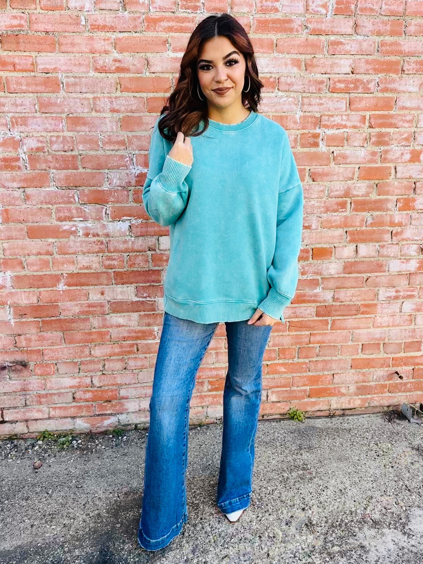 Coziest By Your Side Acid Washed Pullover • Turquoise-Zenana-Shop Anchored Bliss Women's Boutique Clothing Store