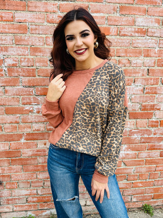 Back and Fourth Leopard Waffle Knit Top • Rust-Lovely Melody-Shop Anchored Bliss Women's Boutique Clothing Store