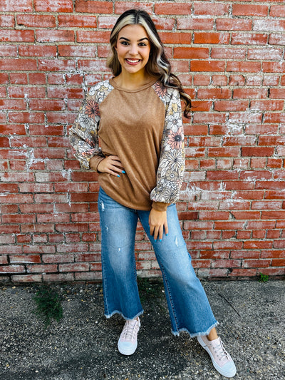 Wait for Tomorrow Floral Balloon Sleeve Top • Camel-Bibi-Shop Anchored Bliss Women's Boutique Clothing Store