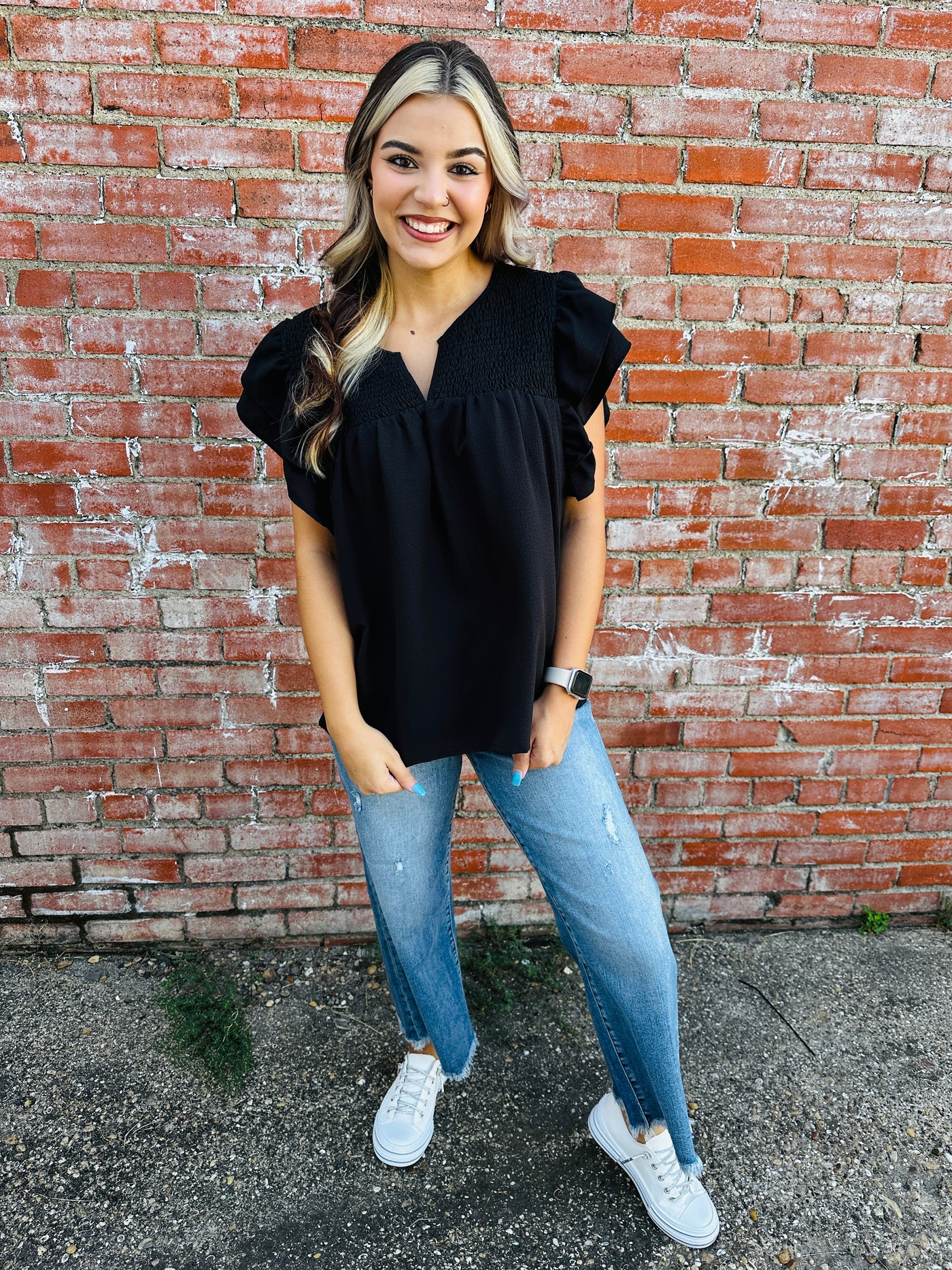 Just as Planned Shirred Bodice Ruffle Sleeve Top • Black-Bibi-Shop Anchored Bliss Women's Boutique Clothing Store