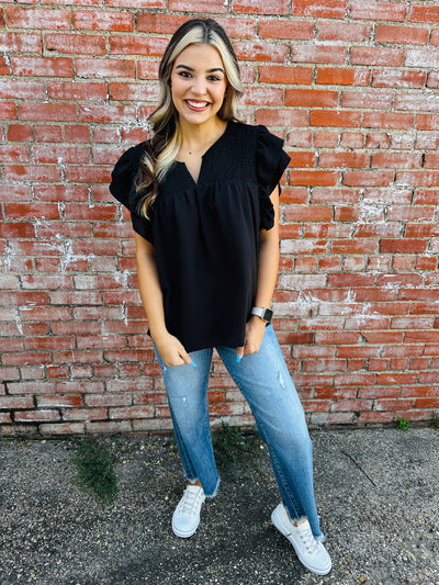 Just as Planned Shirred Bodice Ruffle Sleeve Top • Black-Bibi-Shop Anchored Bliss Women's Boutique Clothing Store