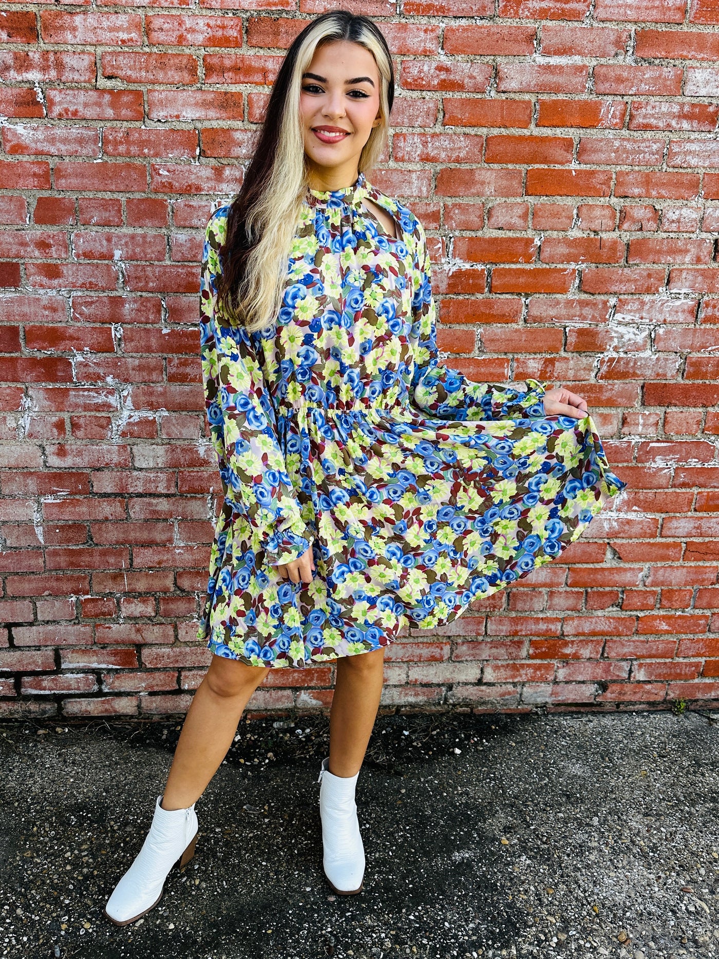 It’s All a Dream Peekaboo Long Sleeve Floral Dress • Blue & Green-Kori-Shop Anchored Bliss Women's Boutique Clothing Store