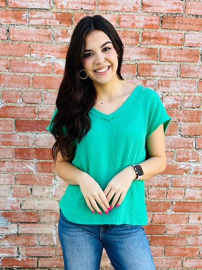 Just A Memory V-Neck Top • Green-Andree by Unit-Shop Anchored Bliss Women's Boutique Clothing Store