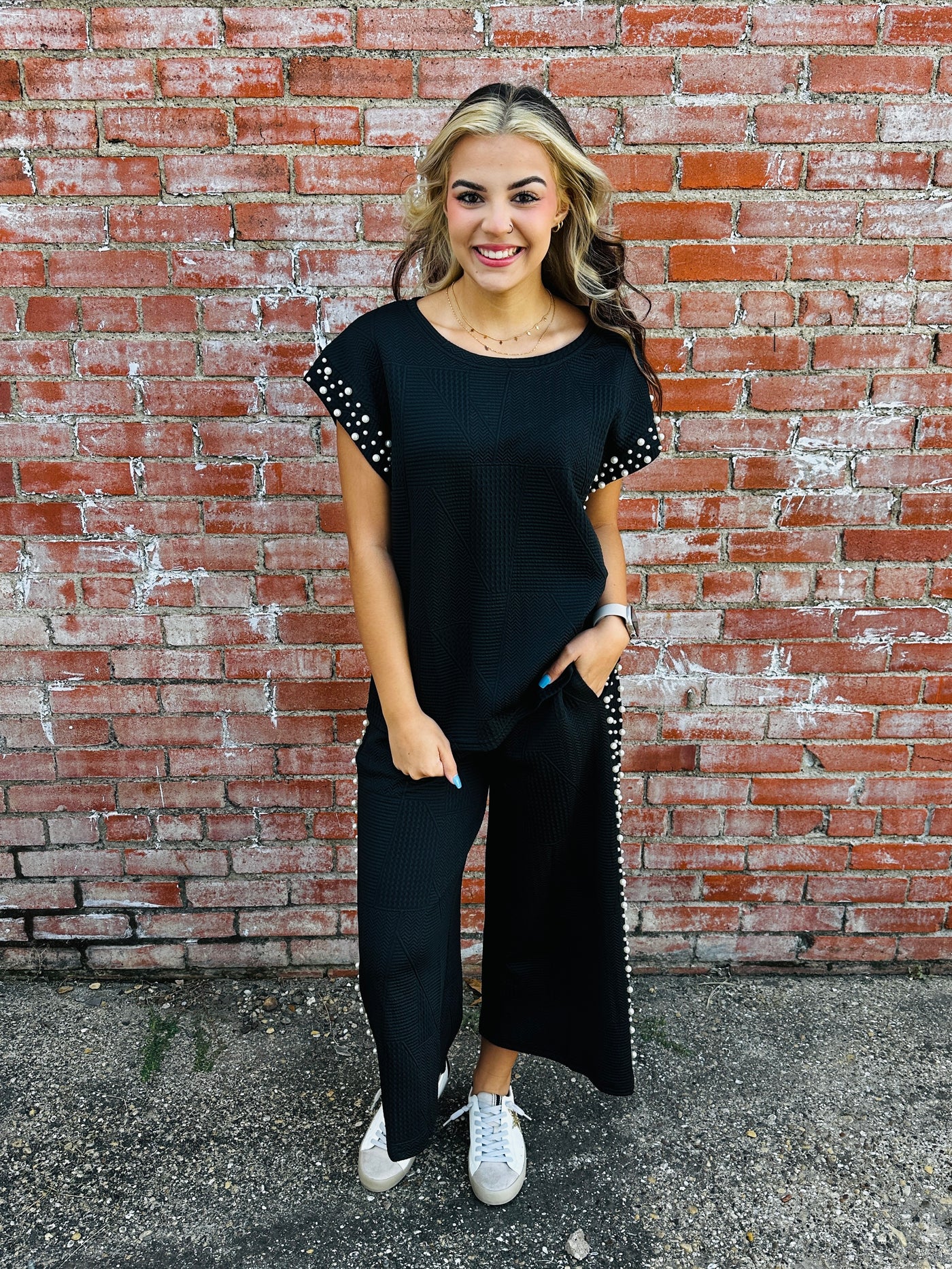 Thinking About You Textured Pearl Capped Sleeve Top • Black-Umgee-Shop Anchored Bliss Women's Boutique Clothing Store