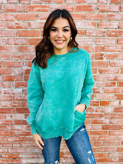 Coziest By Your Side Acid Washed Pullover • Kelly Green-Zenana-Shop Anchored Bliss Women's Boutique Clothing Store