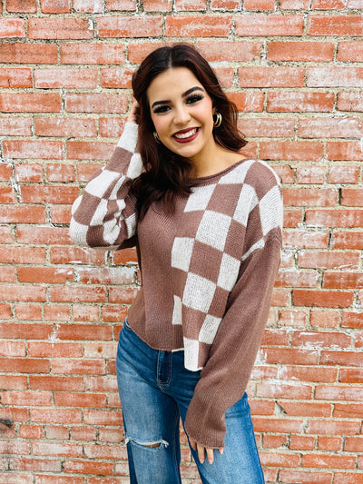 Warmest Wishes Color Block Checkered Sweater • Mocha-Blu Pepper-Shop Anchored Bliss Women's Boutique Clothing Store