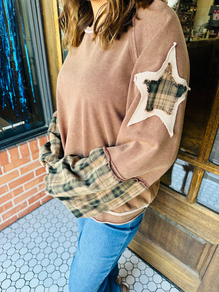 Wishing On a Star Mineral Wash Distressed Star Patch Pullover • Brown-Umgee-Shop Anchored Bliss Women's Boutique Clothing Store