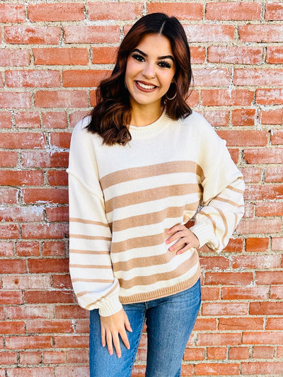 Tell Me More Striped Sweater • Taupe-She+Sky-Shop Anchored Bliss Women's Boutique Clothing Store