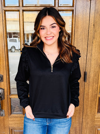 Count on Me Ruffle Shoulder Scuba Quarter Zip • Black-Umgee-Shop Anchored Bliss Women's Boutique Clothing Store