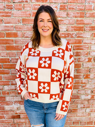 A Lively Love Flower Checkered Print Sweater • Rust-Bibi-Shop Anchored Bliss Women's Boutique Clothing Store