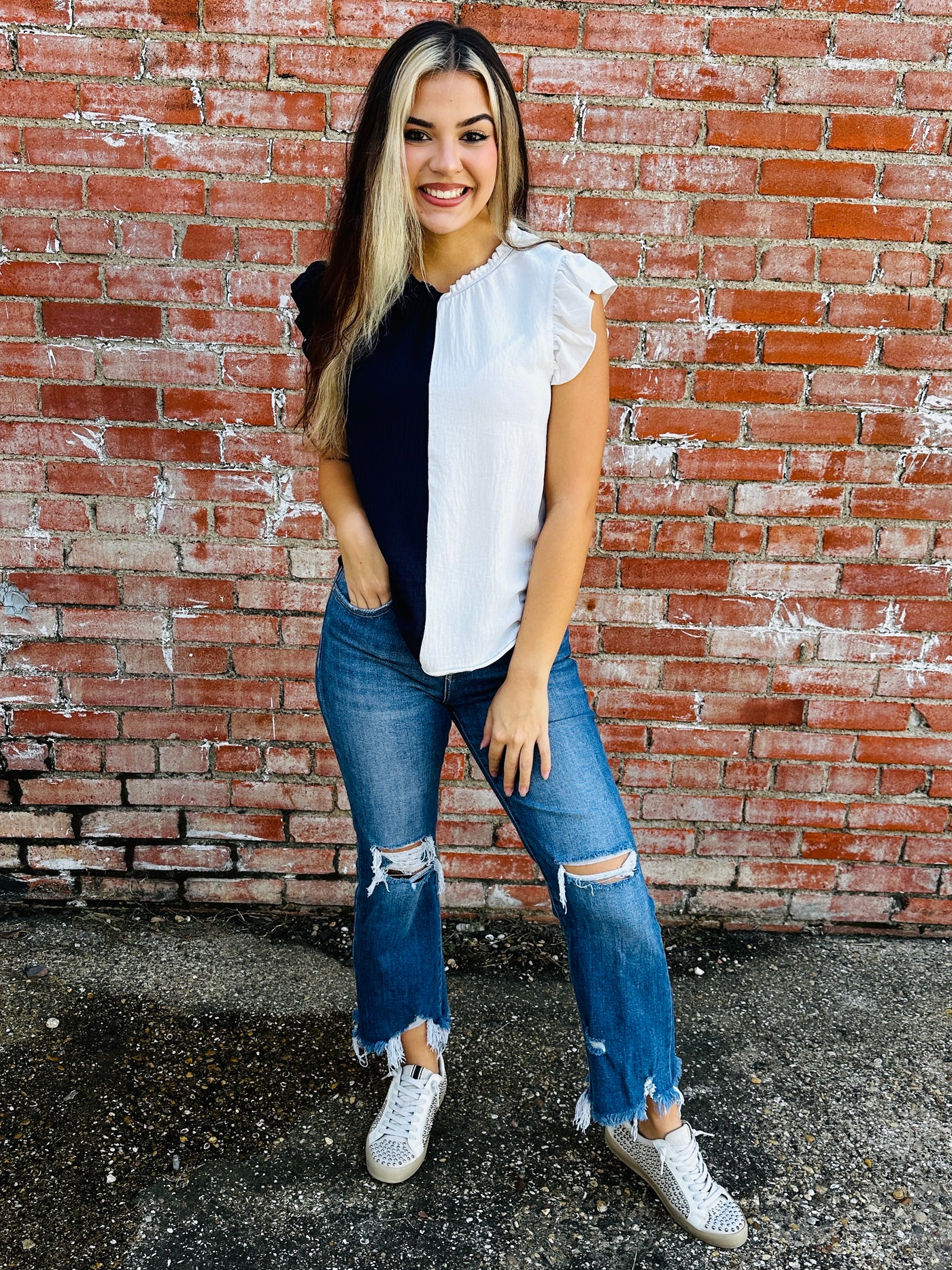 True Passion Ruffle Top • Navy and White-Stacey Kluttz-Shop Anchored Bliss Women's Boutique Clothing Store