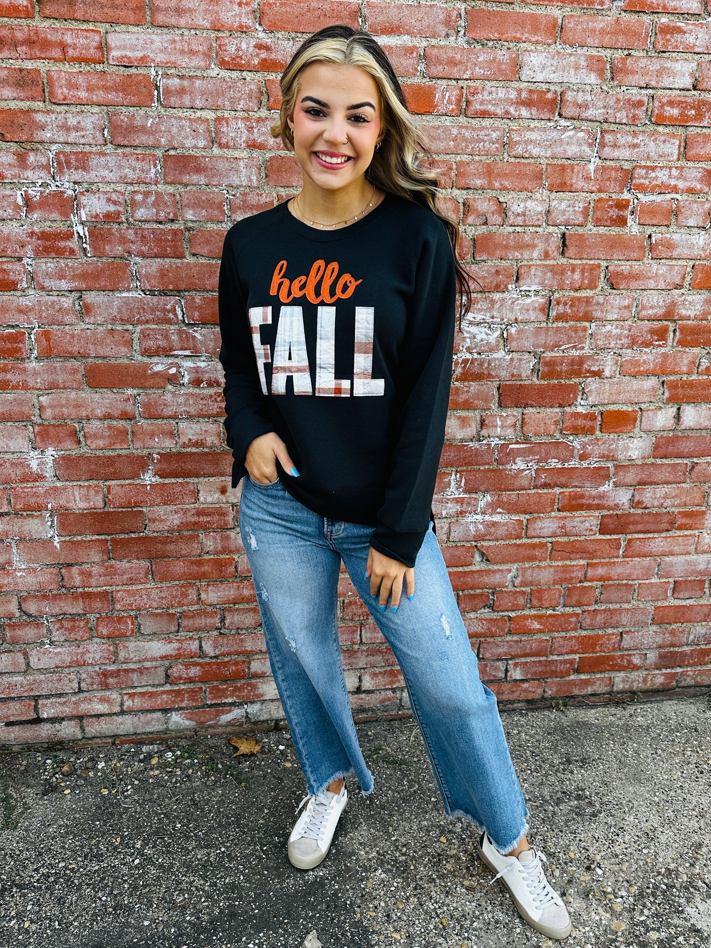 Hello Fall Applique Patch Sweatshirt-Texas True Threads-Shop Anchored Bliss Women's Boutique Clothing Store