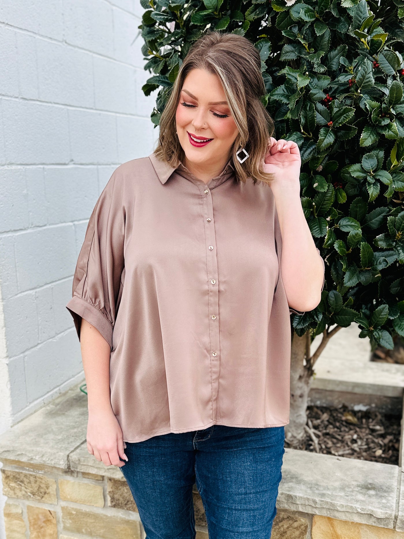 Focused on You Satin Button Up Top • Tan-EESome-Shop Anchored Bliss Women's Boutique Clothing Store