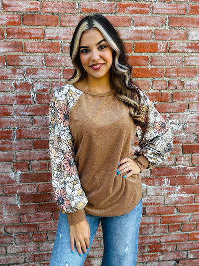 Wait for Tomorrow Floral Balloon Sleeve Top • Camel-Bibi-Shop Anchored Bliss Women's Boutique Clothing Store