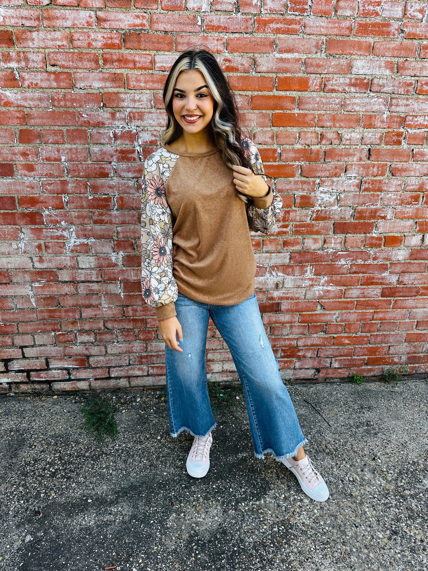 Wait for Tomorrow Floral Balloon Sleeve Top • Camel-Bibi-Shop Anchored Bliss Women's Boutique Clothing Store