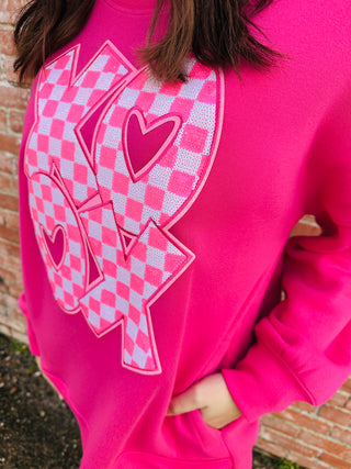 XOXO Pink Checkered Sequin Patch Sweatshirt-Harps & Oli-Shop Anchored Bliss Women's Boutique Clothing Store